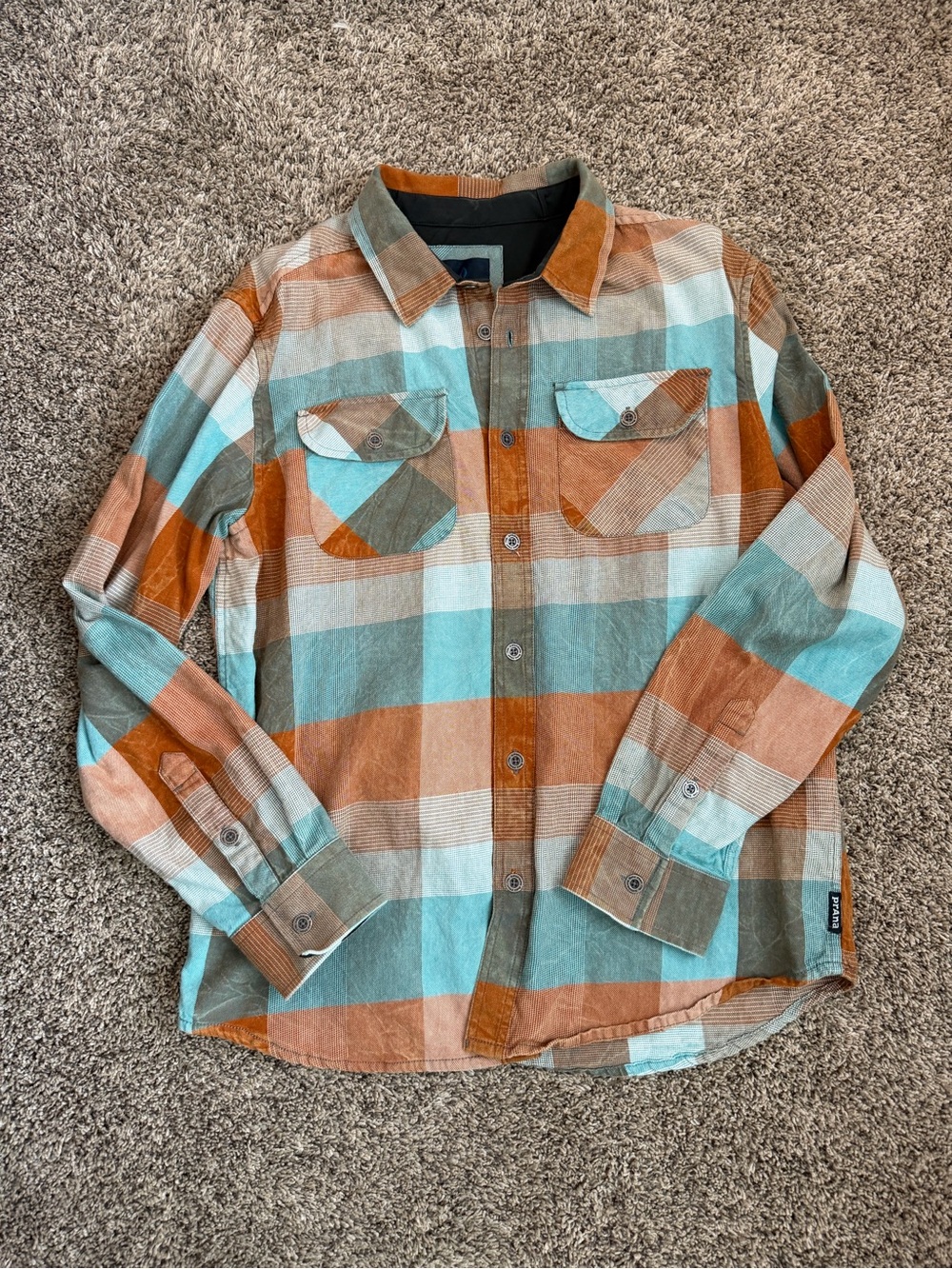 Men's Prana Plaid Button-Up Shirt in Rust, Teal & Cream